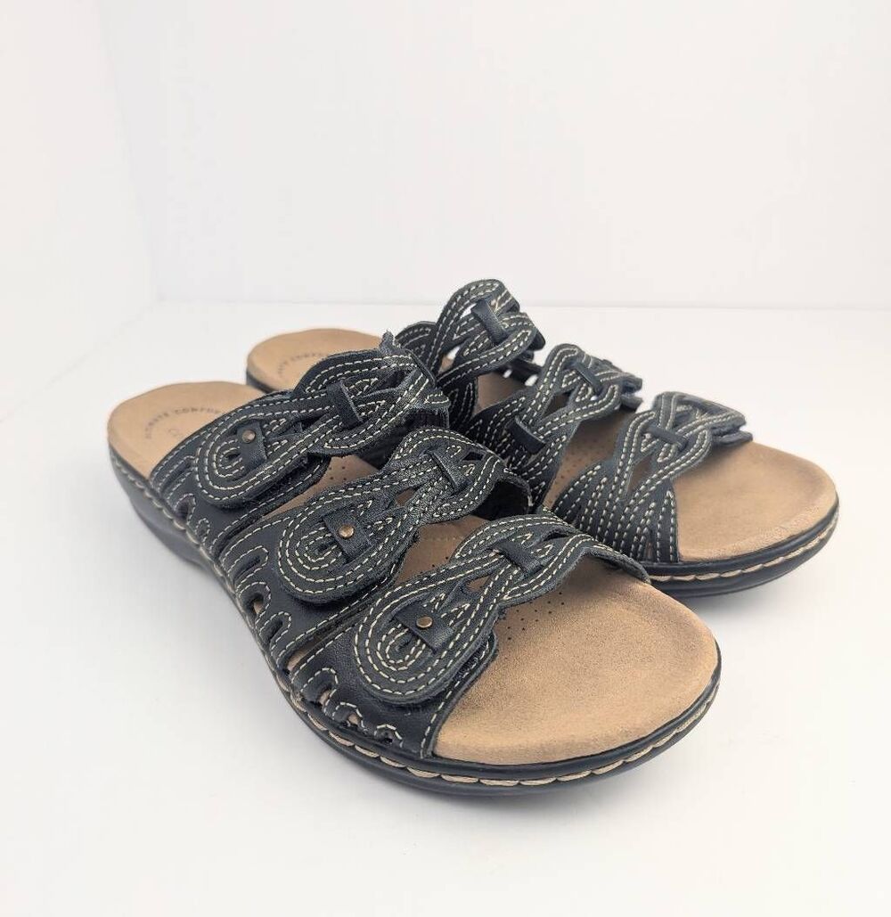 Clarks Leisa Faye Navy blue ultimate comfort strappy slide sandals womens 7